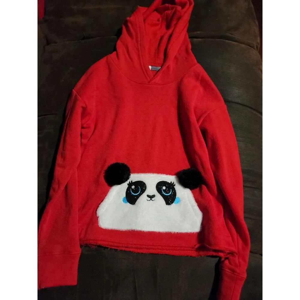 Justice red hoodie fuzzy panda bear pocket size 6 7‎